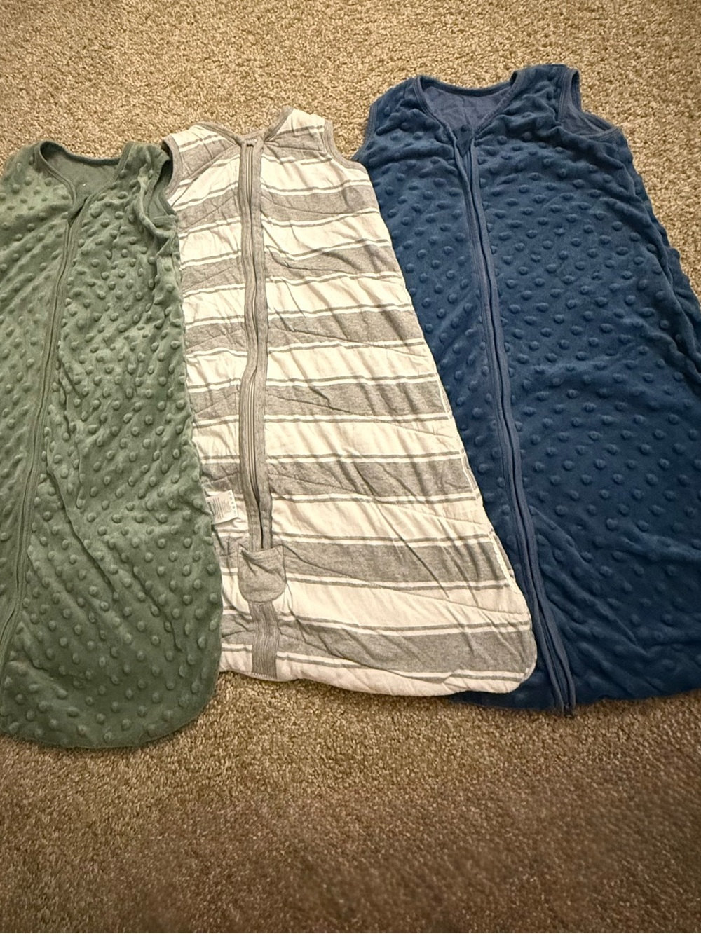 3 Baby Sleep Sacks - Green, Gray Stripe, Navy - Burt Bees and Unnivoll
